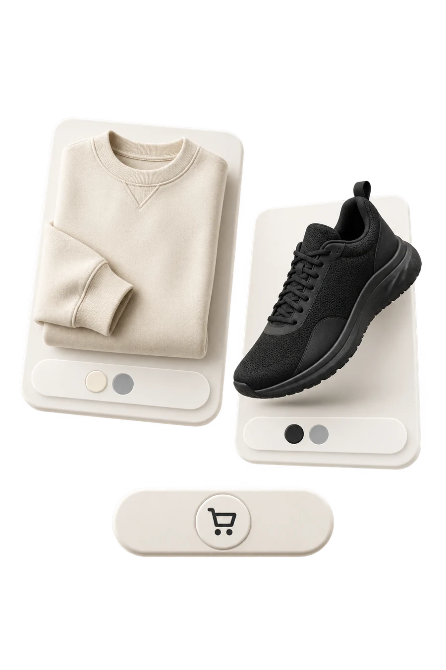 Online shop product cards showing clothing and footwear