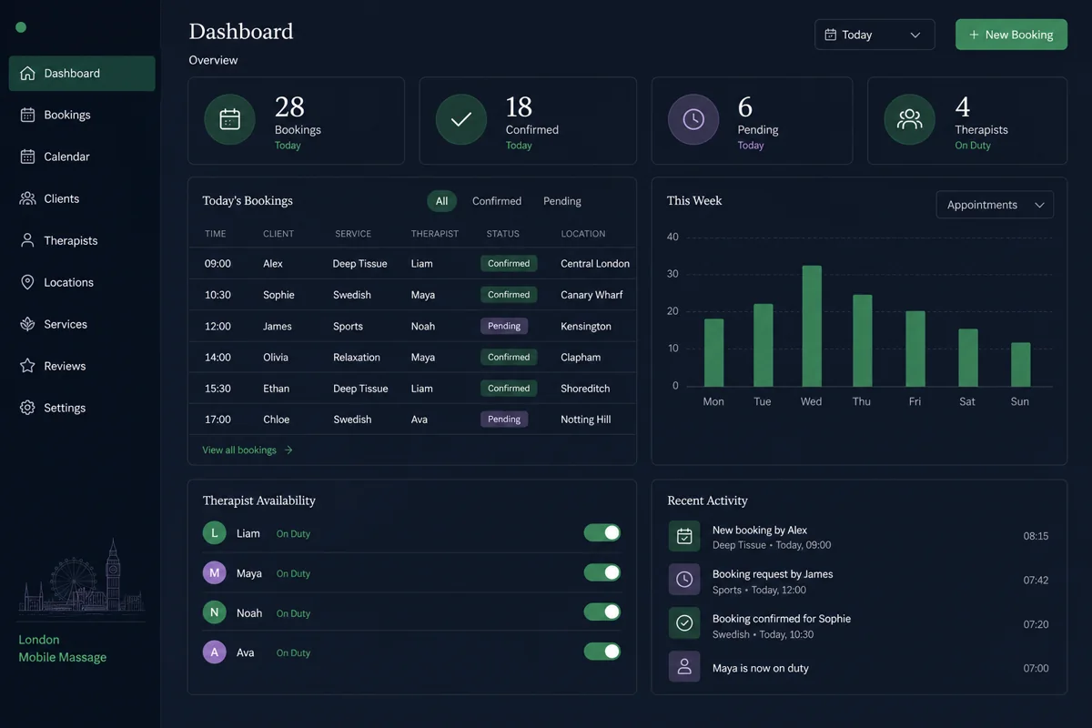 Asian Mobile Massage booking administration dashboard